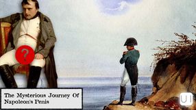 Napoleon seated with a red question mark on his lap; text reads "The Mysterious Journey Of Napoleon’s Penis." Another Napoleon stands by the sea.