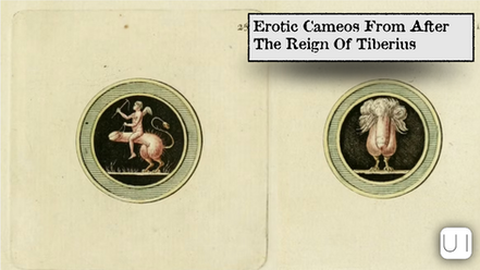 Two circular illustrations with mythical creatures in vintage style. Left: winged figure on a creature. Right: bird-like character. Numbered 25 and 17.