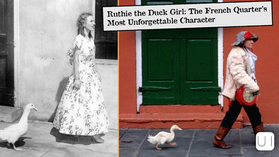 Two images show a woman with a duck. Left: Black and white, floral dress. Right: Colorful, red door. Text: "Ruthie the Duck Girl."