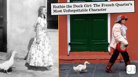 Two images show a woman with a duck. Left: Black and white, floral dress. Right: Colorful, red door. Text: "Ruthie the Duck Girl."