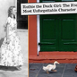 Two images show a woman with a duck. Left: Black and white, floral dress. Right: Colorful, red door. Text: "Ruthie the Duck Girl."