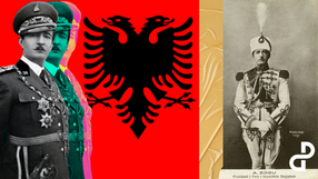 Three men in military attire overlaid on a vibrant red background with a black double-headed eagle. Vintage photo of a soldier on the right.