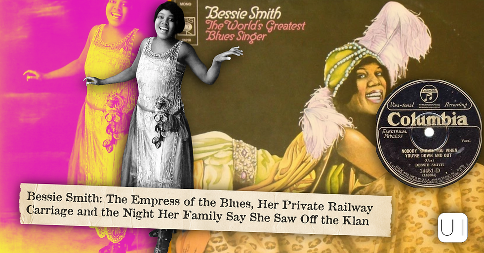 Collage of Bessie Smith in a beaded 1920s dress beside one of her album covers and a Columbia record, with the article headline.