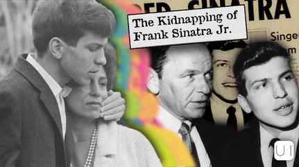 Black and white collage featuring two people embracing and three men in suits. Text reads "The Kidnapping of Frank Sinatra Jr." Colorful accents.