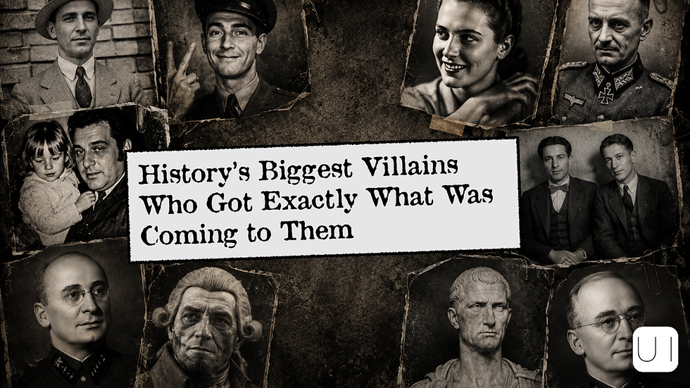 Collage of historical figures with serious and contemplative expressions. Central text reads: "History's Biggest Villains Who Got Exactly What Was Coming to Them." Black-and-white theme.
