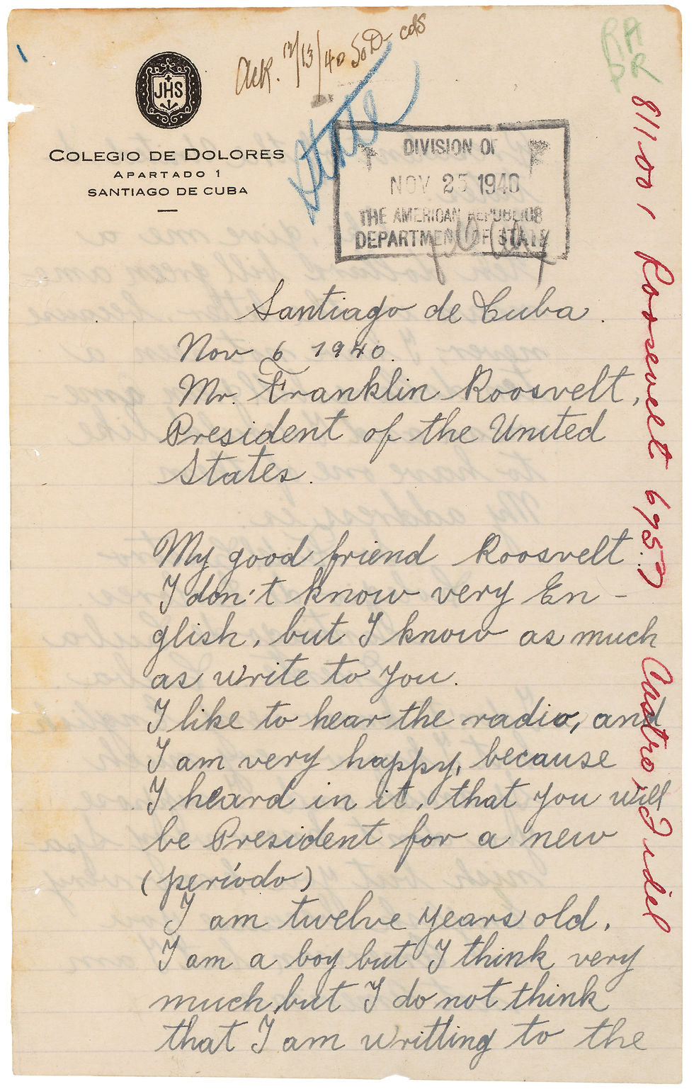 A handwritten letter dated November 6, 1940, from Santiago de Cuba. Addressed to President Roosevelt. Stamps and annotations are visible.