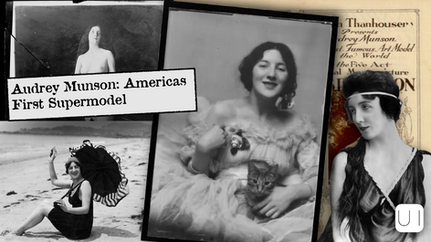 Historic photos of a smiling woman, one with a cat and another on a beach with a parasol. Text: "Audrey Munson: America's First Supermodel."