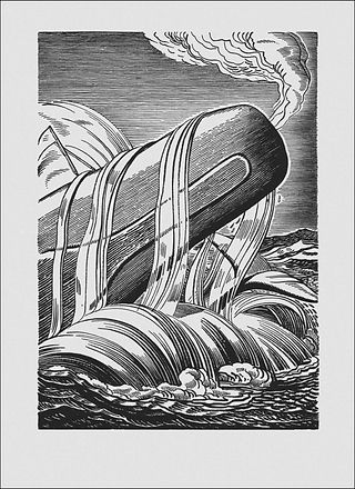 Powerful whale emerges from turbulent waves in striking black and white illustration.