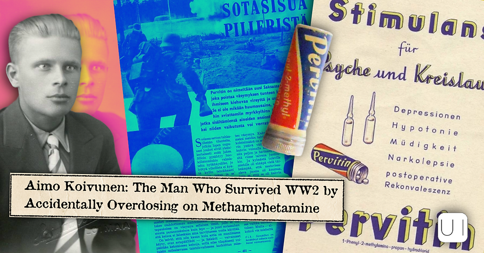 Collage of Aimo Koivunen, Pervitin meth tube, and WWII ad pages; headline on survival by overdosing.