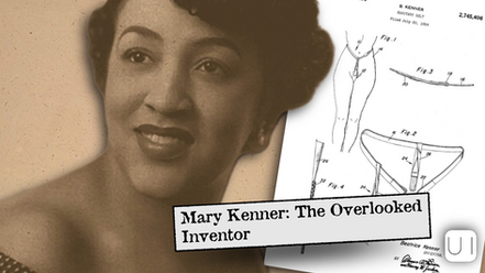 Sepia portrait of a smiling woman beside patent sketches. Text reads "Mary Kenner: The Overlooked Inventor." Vintage vibe.
