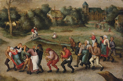 Medieval peasants dancing jubilantly through a European village landscape.