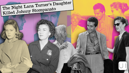 Collage with vintage photos of people in grayscale, overlaid with colorful backgrounds. Text reads "The Night Lana Turner's Daughter Killed Johnny Stompanato."