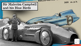 Sir Malcolm Campbell in suit stands by vintage race car, with blue car illustration in background. Text reads: Sir Malcolm Campbell and his Blue Birds.