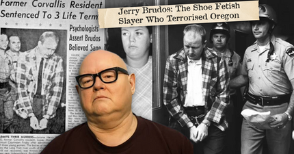 Jerry Brudos with glasses over a collage of newspaper clippings and a police escort photo; headline reads Jerry Brudos: The Shoe Fetish Slayer Who Terrorised Oregon