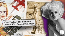 Collage of Jean Harlow portraits and vintage poster art with title text about the platinum blonde.