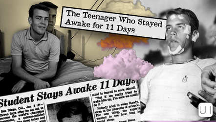 Teen sitting on a bed, another with medical patches, colorful clouds. Text: "The Teenager Who Stayed Awake for 11 Days," and newspaper headline.