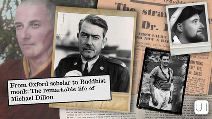 Collage of Michael Dillon photos in various outfits over newspaper clippings. Text reads: From Oxford scholar to Buddhist monk.