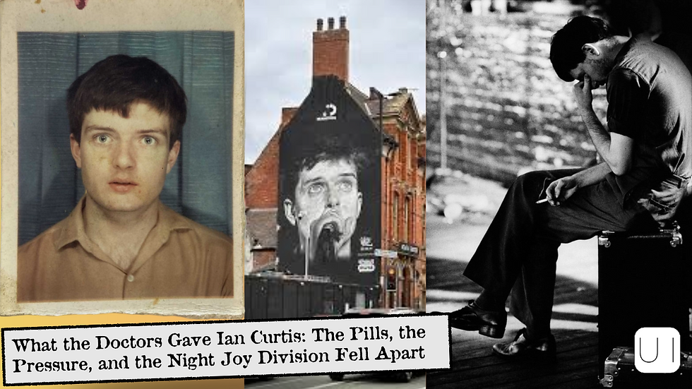 Ian Curtis in a vintage photo, mural with the same face on a building, and black-and-white image of a person sitting pensively. Text overlay about pills and pressure.