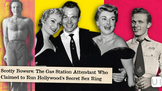 Collage of vintage black-and-white portraits on yellow and pink backgrounds, with headline about Scotty Bowers and a secret sex ring.