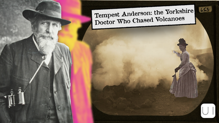 Man with binoculars and woman in 19th-century attire in smoky volcanic setting. Text: Tempest Anderson: the Yorkshire Doctor Who Chased Volcanoes.