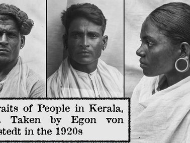 Black and white portraits of three people from Kerala, India, wearing traditional attire and earrings. Text: "Portraits of People in Kerala."