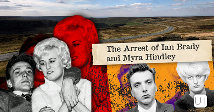 Collage of Ian Brady and Myra Hindley over Saddleworth Moor with their police mugshots and the title The Arrest of Ian Brady and Myra Hindley