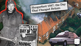 Collage of Hungerford 1987 shooting: man with camo hat, burning house, taxi covered with tarp, and newspaper headlined "Day of the Maniac".