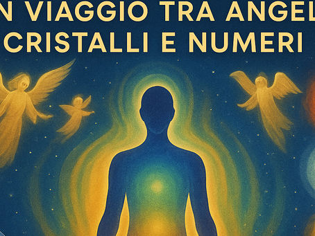 Illustrazione del corpo spirituale e del campo aurico con angeli, cristalli e numeri, simboli dell’energia sottile e dell’armonia interiore.