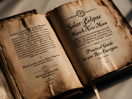 Libro antico aperto con pagine ingiallite che descrivono l’eclissi solare e la Luna Nuova di marzo, in un’atmosfera mistica e spirituale.