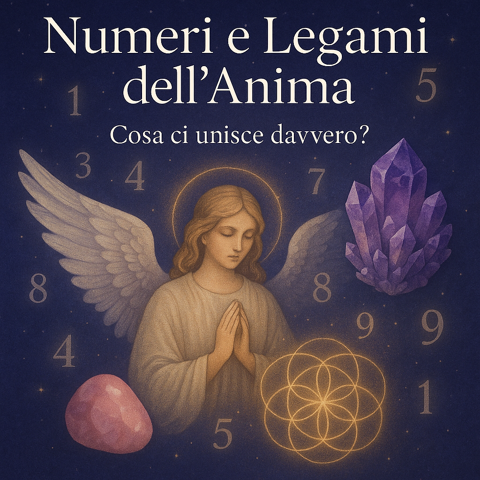 Illustrazione di un angelo circondato da numeri e cristalli su sfondo blu viola, simbolo dei legami dell’anima e della guida spirituale.