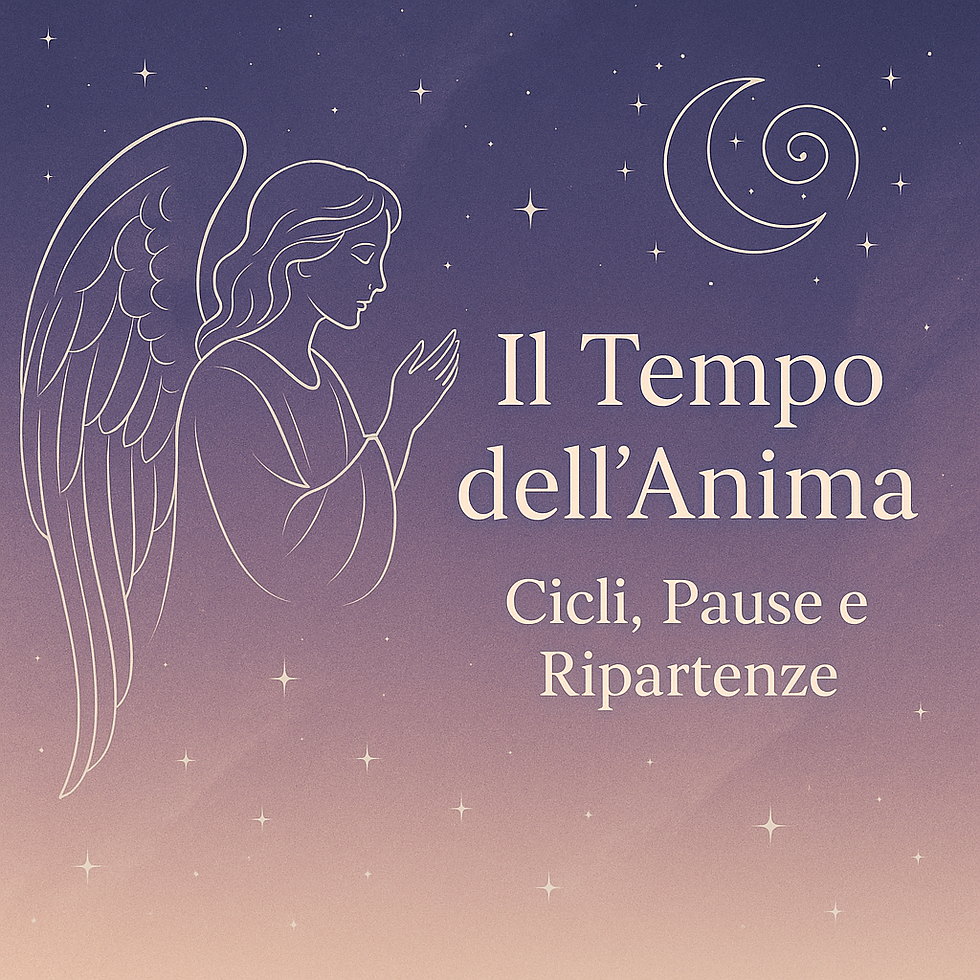 Illustrazione eterea con angelo e sfondo cosmico, simbolo del Tempo dell’Anima: cicli interiori, trasformazione e connessione spirituale.