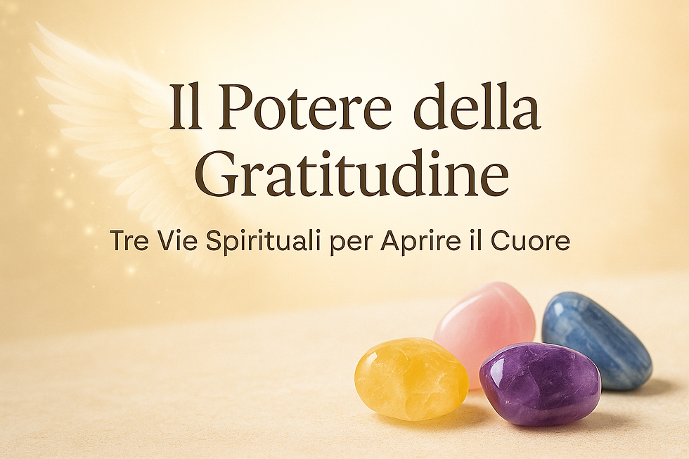 Ali angeliche luminose e quattro cristalli colorati su sfondo dorato simboleggiano la gratitudine come connessione tra anima e luce divina.