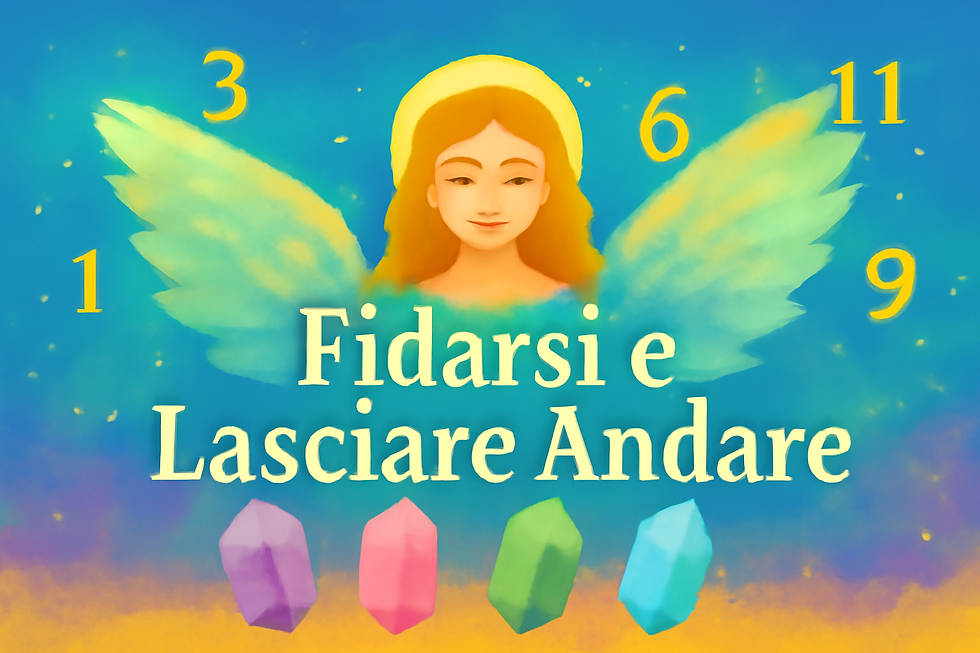 Illustrazione con angelo dalle ali verdi, numeri simbolici e cristalli colorati su sfondo celeste. Tema: fiducia, rilascio e guida spirituale.
