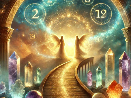 Un ponte di luce tra mondi, angeli guida e cristalli energetici. Numeri fluttuanti simboleggiano la connessione ancestrale e la saggezza divina. ✨