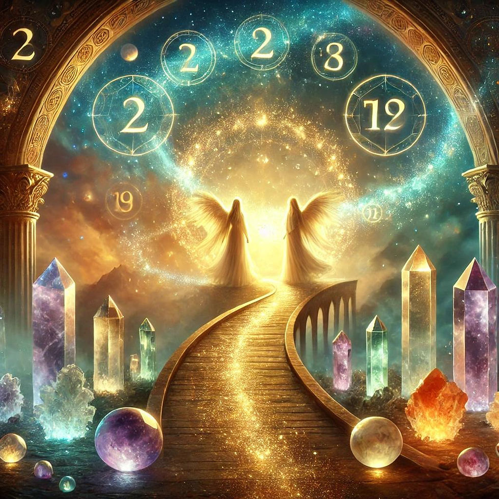 Un ponte di luce tra mondi, angeli guida e cristalli energetici. Numeri fluttuanti simboleggiano la connessione ancestrale e la saggezza divina. ✨