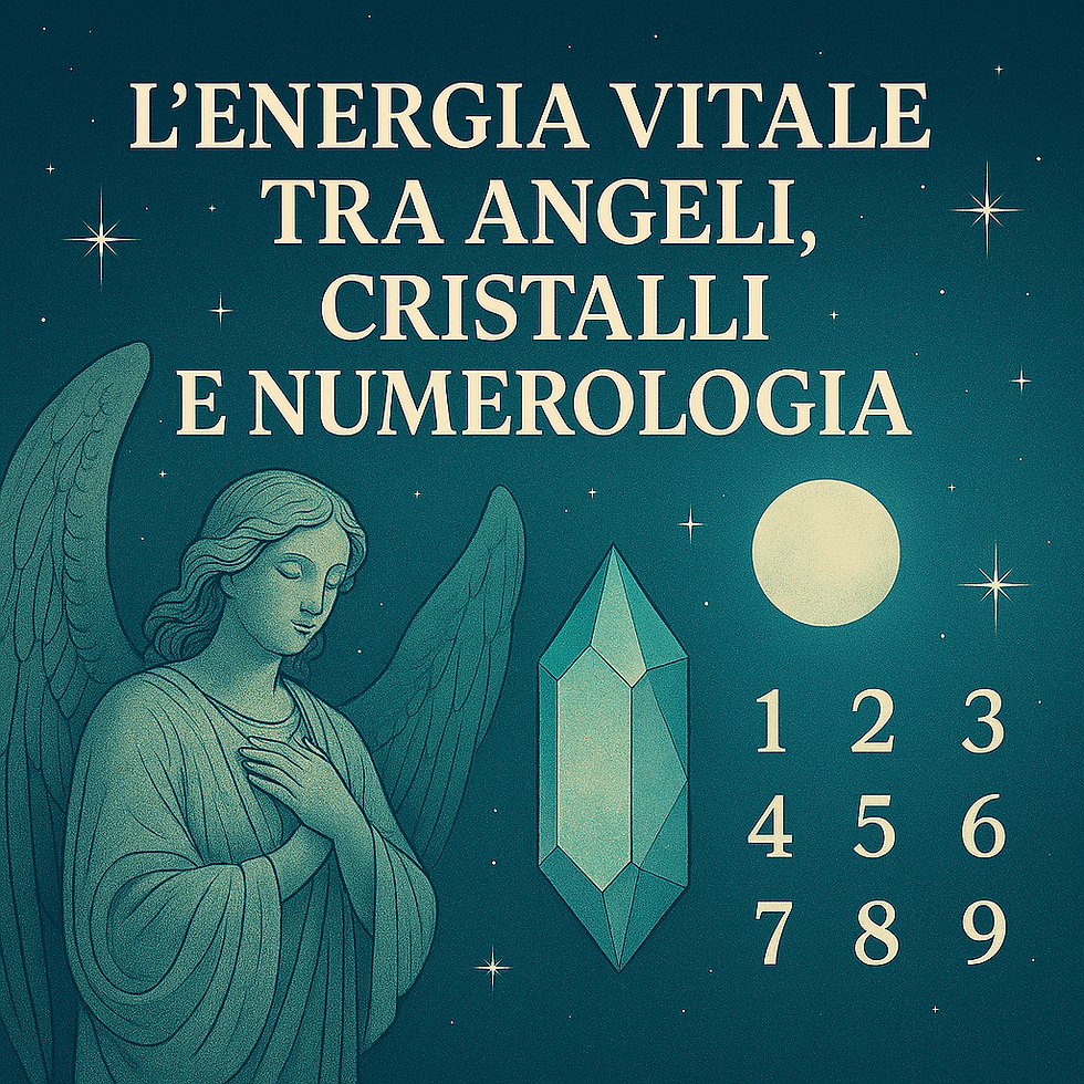 Illustrazione celestiale con angelo, cristallo e simboli numerologici su sfondo stellato e armonico.