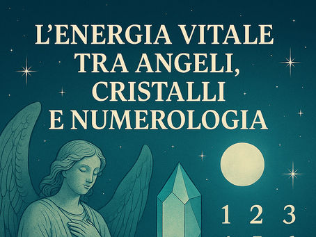 Illustrazione spirituale che unisce angeli, cristalli e numerologia in un’armonia di luce, simboli e frequenze.