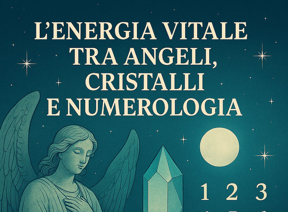 Illustrazione spirituale che unisce angeli, cristalli e numerologia in un’armonia di luce, simboli e frequenze.