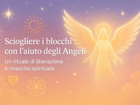 Illustrazione di un angelo dorato su sfondo stellato che simboleggia la liberazione spirituale e l’energia di guarigione celeste.
