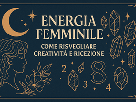 Illustrazione Art Deco con donna, luna, cristalli e simboli numerici: rappresenta l’energia femminile, la creatività e la ricezione.