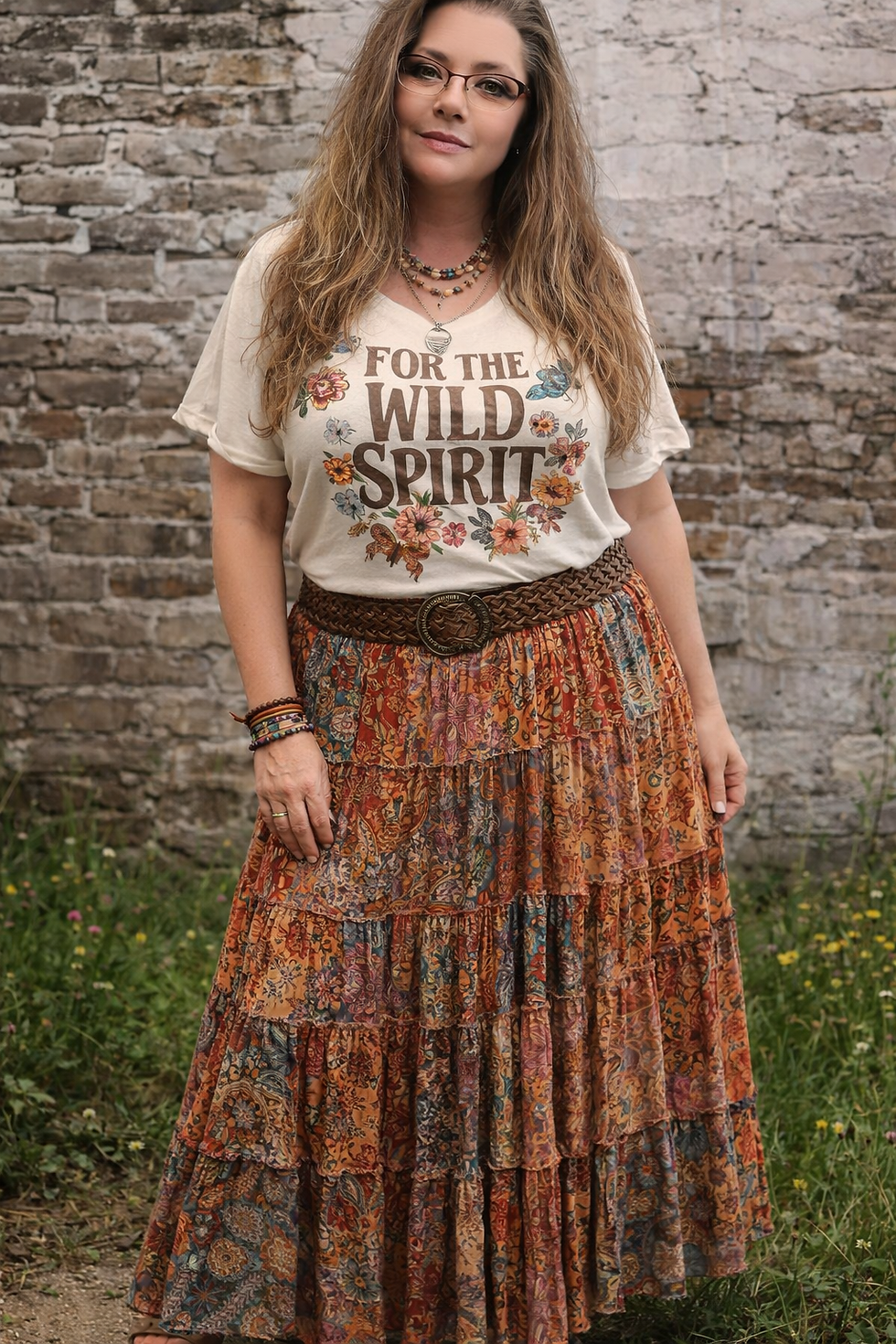 Woman wearing 'For the Wild Spirit' t-shirt and flowing patterned skirt