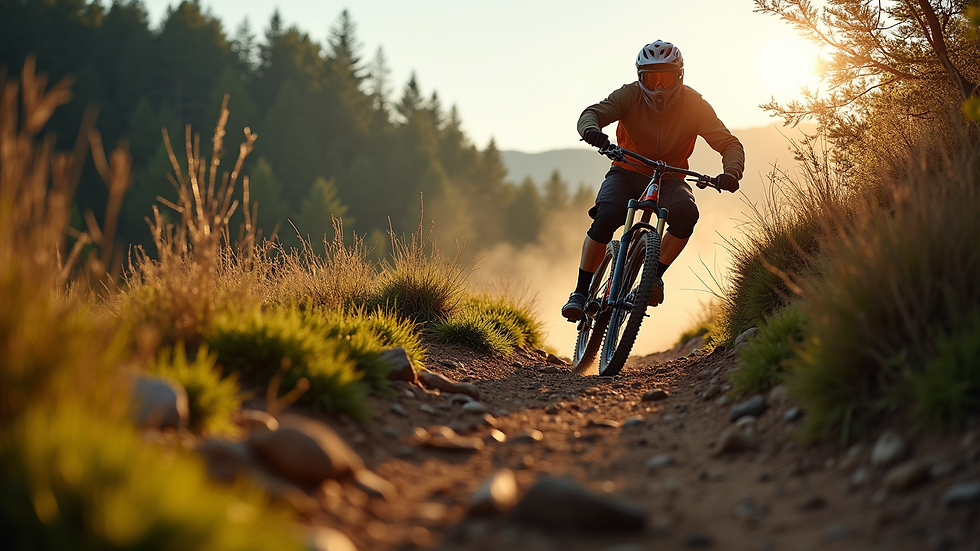 Eye-level view of a mountain biker navigating a rugged trail