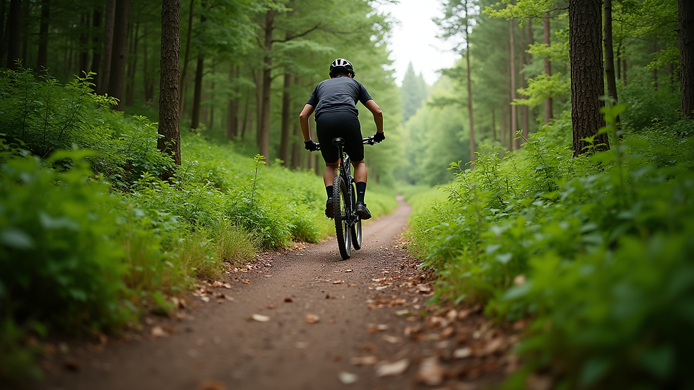 Eye-level view of a mountain biking trail surrounded by lush greenery