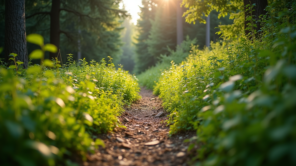 Eye-level view of a well-maintained mountain bike trail surrounded by lush greenery