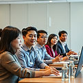 create an image of some asian colleagues attending a small scale finance related workshop.