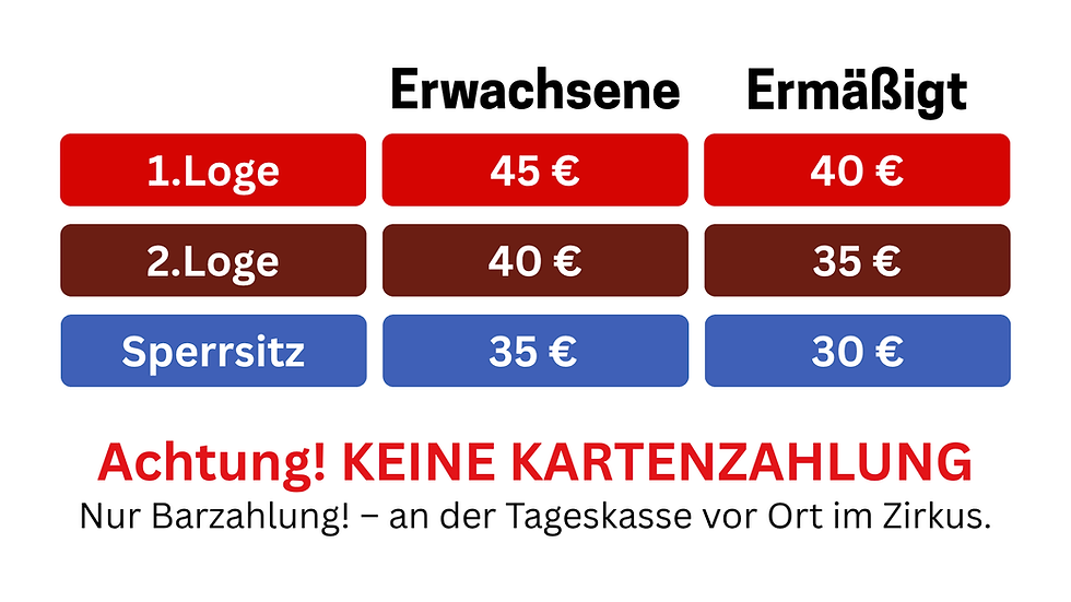 Sitzplan des Berliner Weihnachtscircus mit Manege, Logen und Platzkategorien. Preise: 1. Platz 30 € Erwachsene / 28 € Kinder,