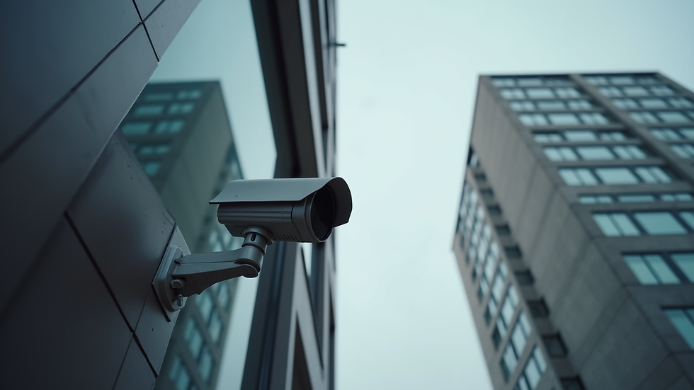 High angle view of security cameras installed on a building exterior