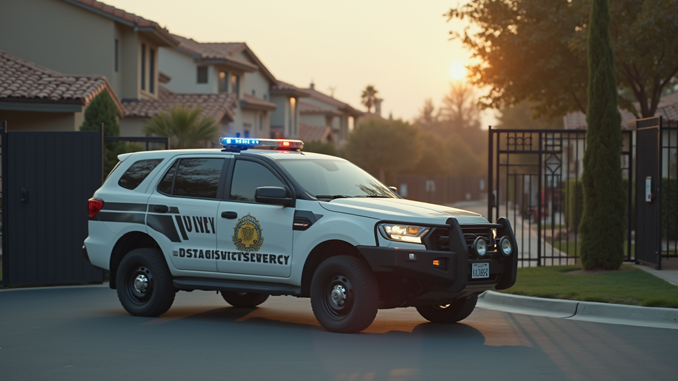 Close-up view of a security vehicle parked outside a gated community