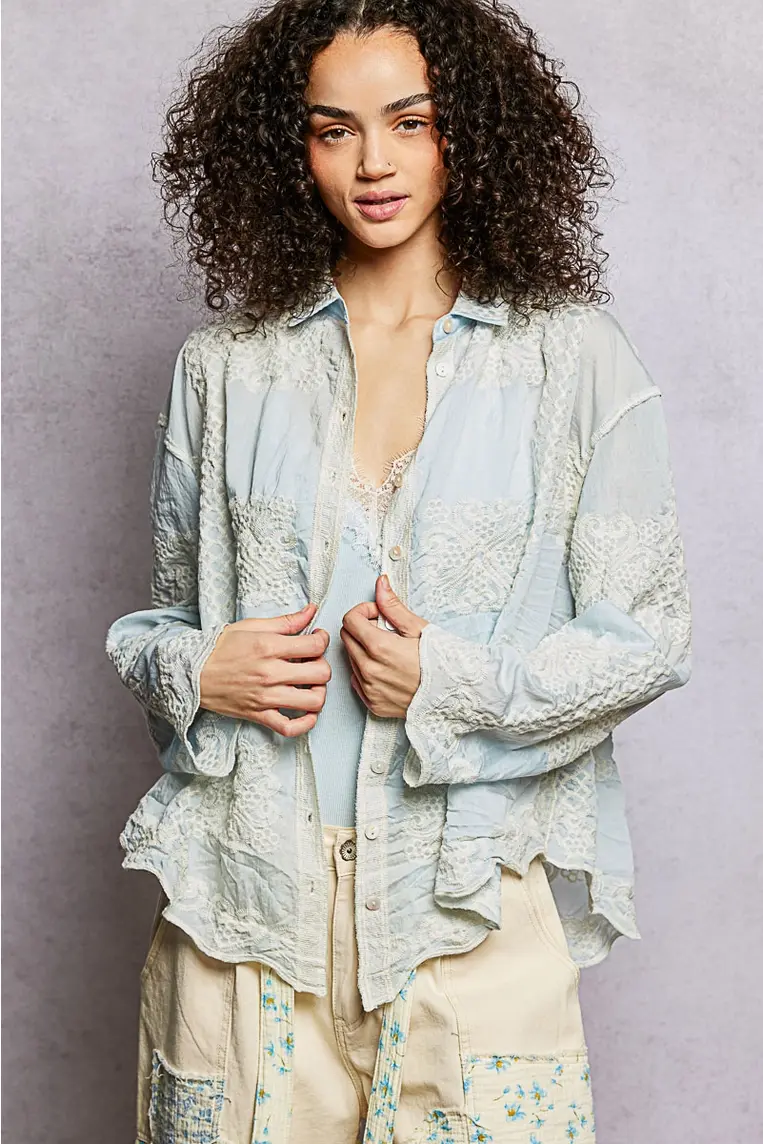 Embroidery Edge Point Long Sleeve Shirt (Sky Blue)