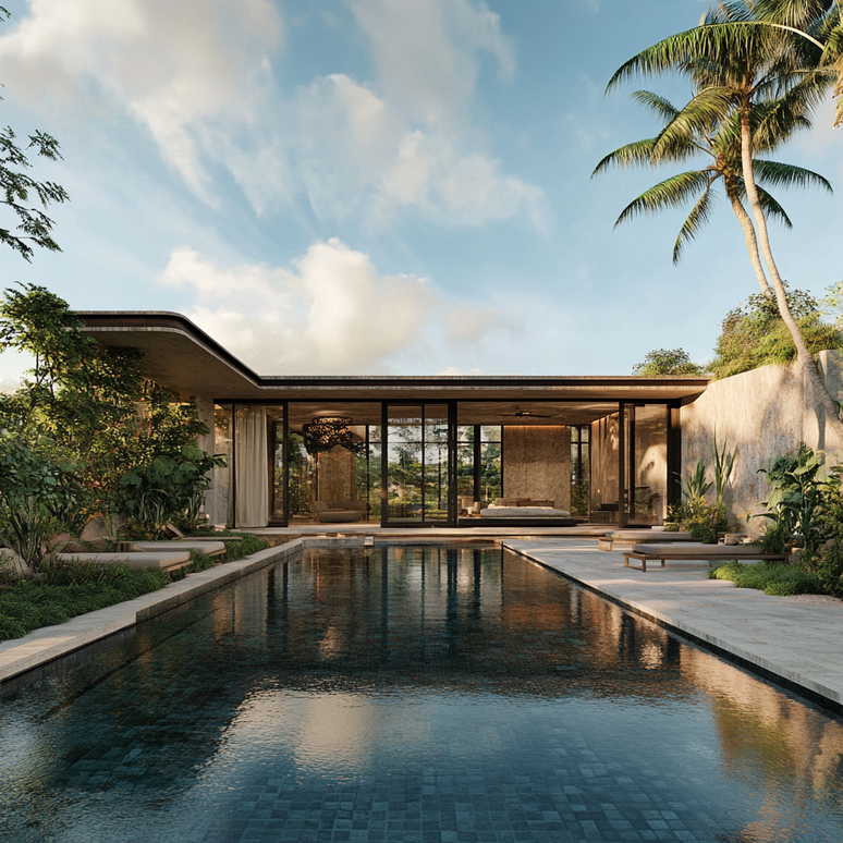 Modern villa with pool, tropical setting